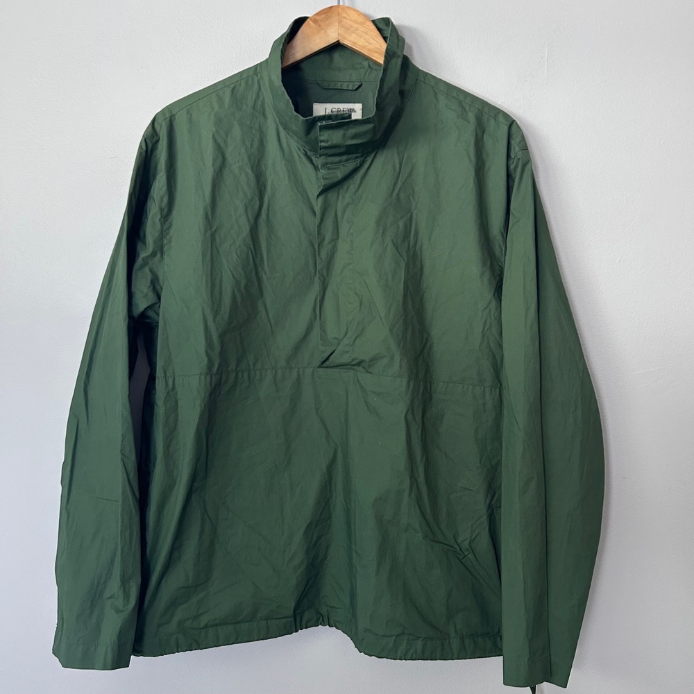J.Crew Anorak Jacket Mens L Green Cotton Pullover High Neck Drawstring Outdoor